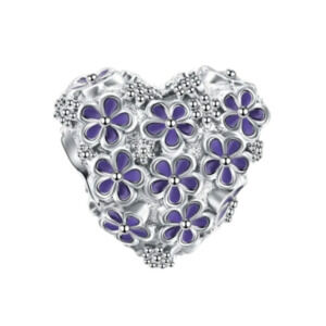 Heart Bead Bracelet Charm Sterling Silver Purple Flowers Floral Love